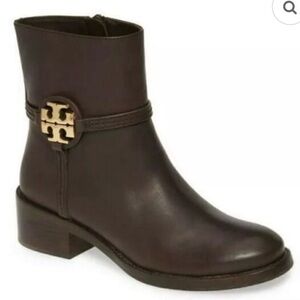 Tory Burch Dark Brown Espresso Miller Ankle Booties Boots Gold logo 8.5 8 1/2